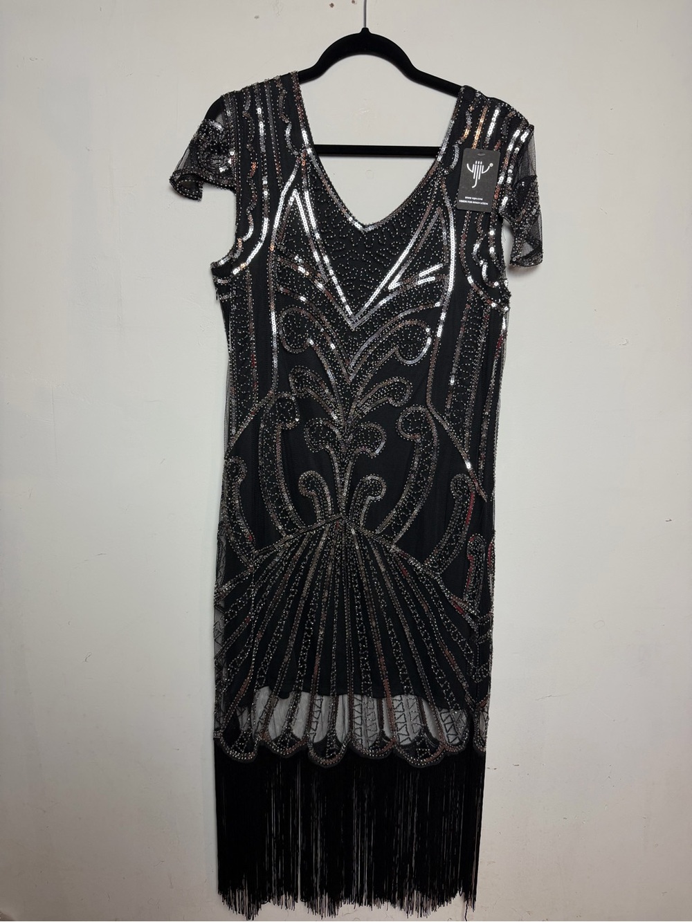 Black Sequin Beaded Fringe Flapper Dress Art Deco Gatsby XXL NWT
